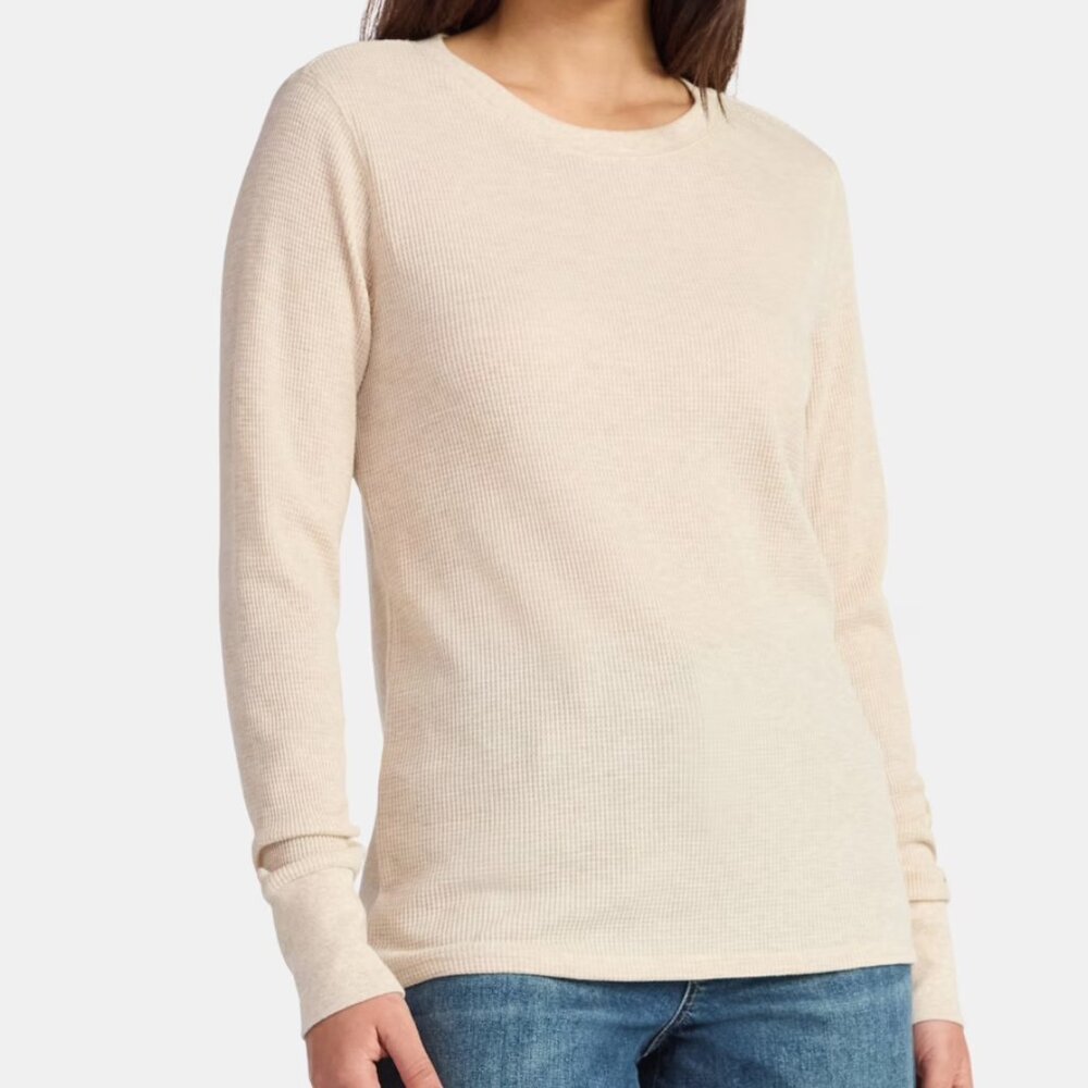 Time and Tru Women's Long Sleeve Crew Neck Relaxed Beige Thermal Tee Size XS NWT